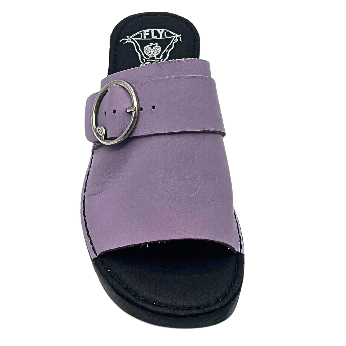 Top down view of Fly London Eple in a lilac leather.  Open toe and heel with good coverage across top of foot