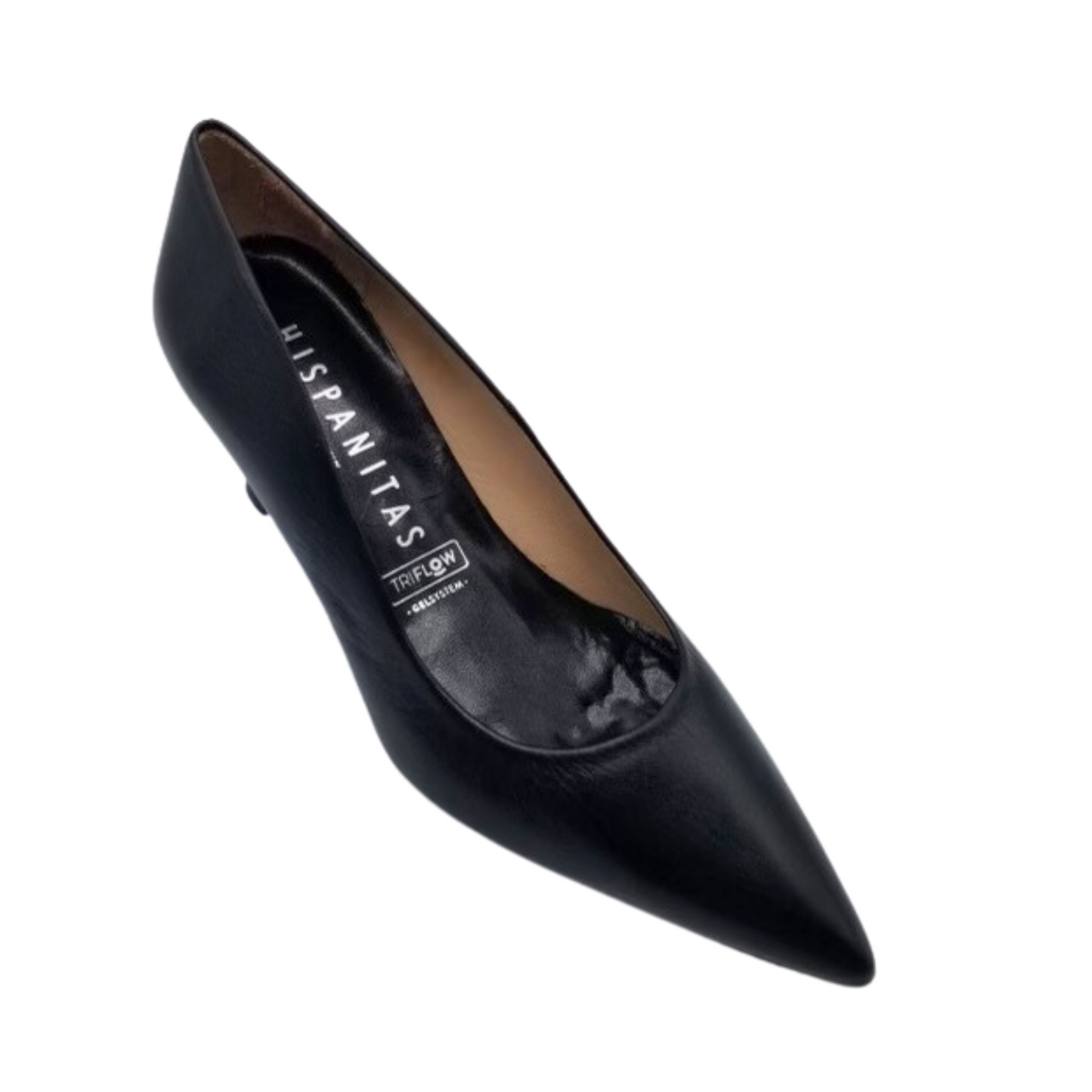 Angled side view of a classic pump with a pointy toe.  Shown in black but also available in a creamy white.