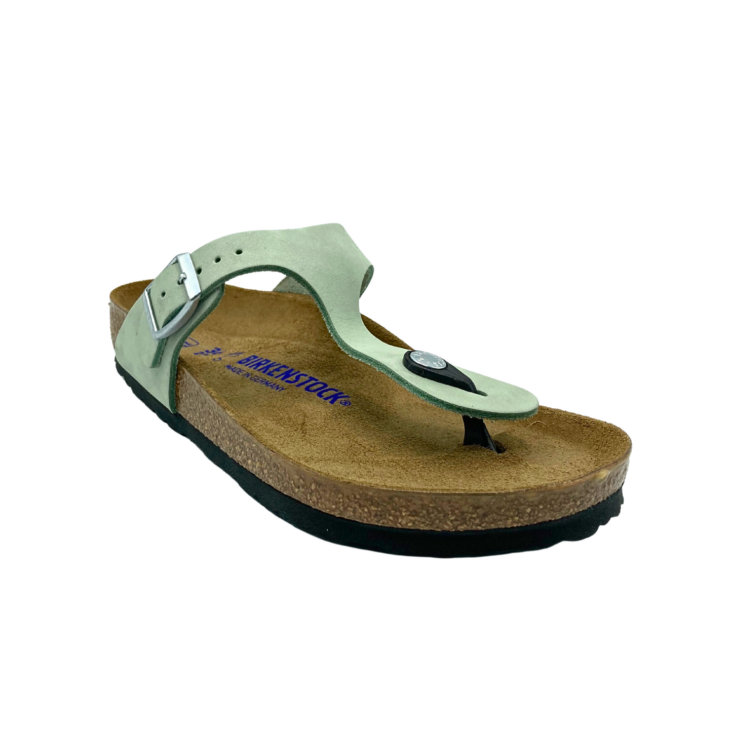 Angled front view of right shoe.  Toe post design with single top strap and adjustable buckle.
