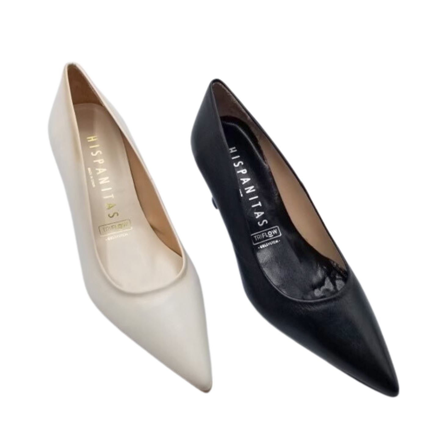 Angled front view of a classic pump with a pointed toe.  Shown in a creamy white and black