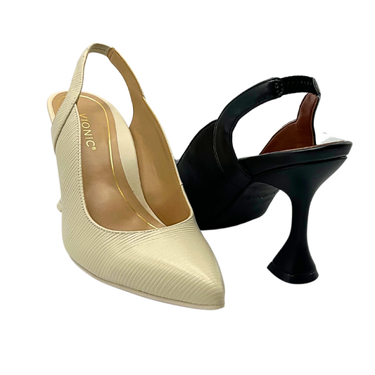 Angled front view of a slingback sandal shown in both creamy whie and black