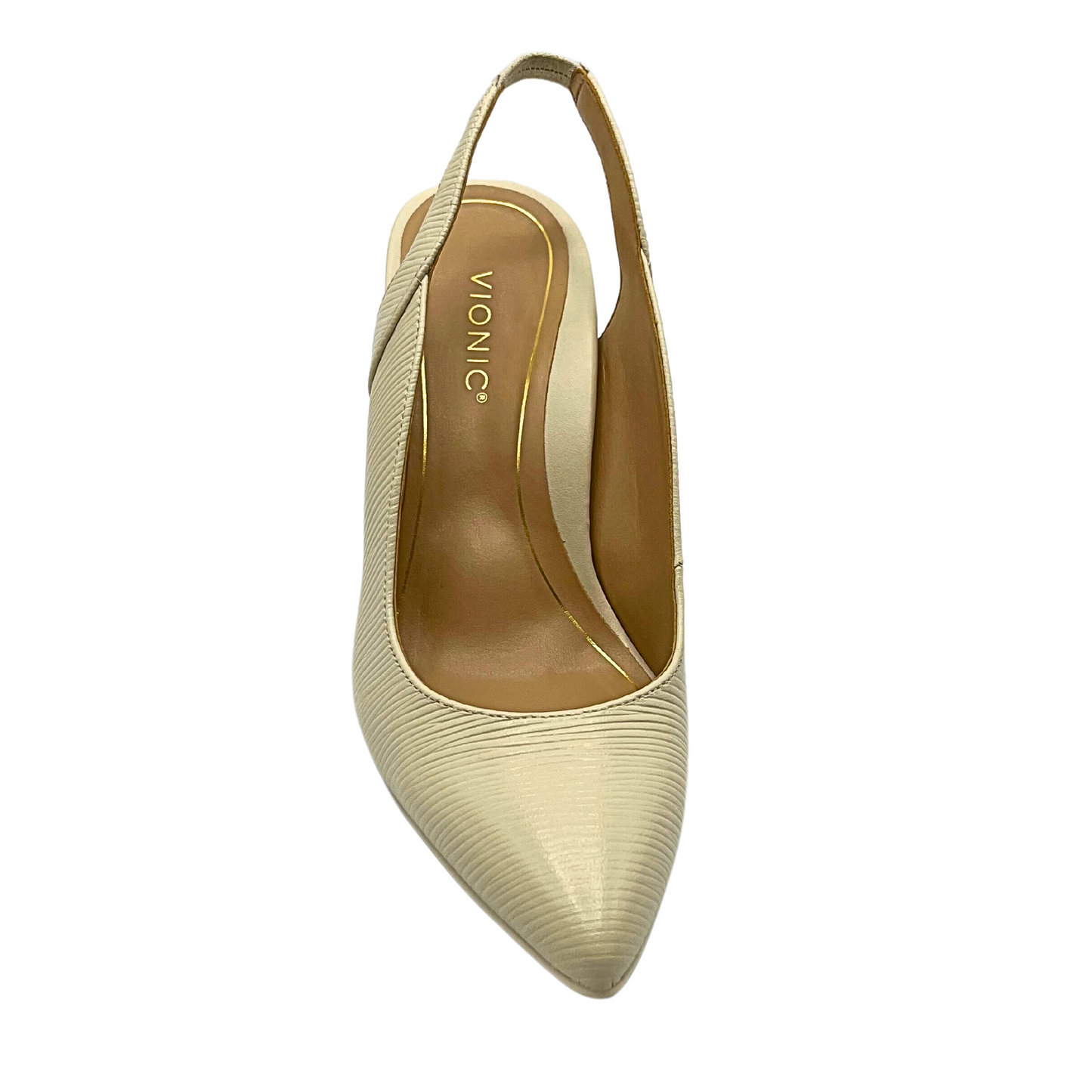 Top down view of a cream colored leather slingback sandal.  Slightly pointed toe 