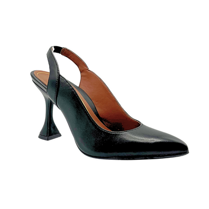 Angled front view of black slingback sandal with hourglass heel.  Softly pointed toe.  Slip on with an elastic section in back strap