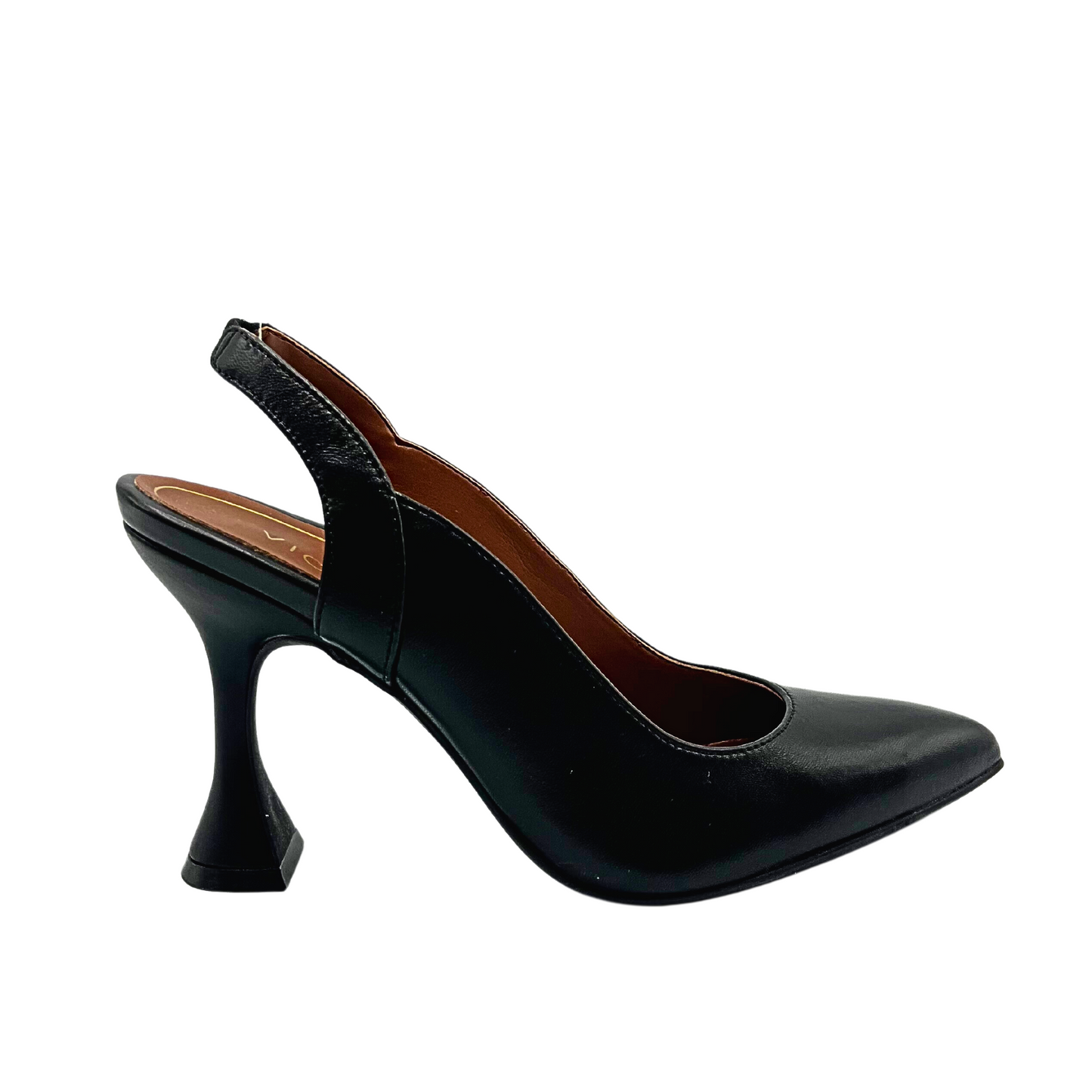 Outside view of black slingback sandal with an hourglass shaped heel