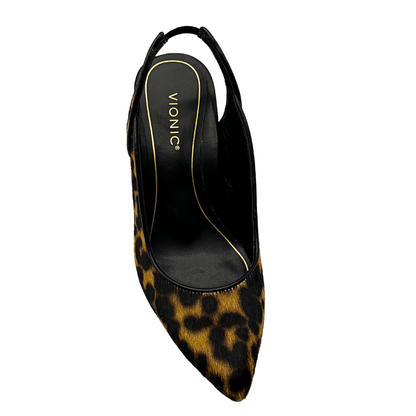 Top down view of a slingback sandal with a closed toe.  Shown in a leopard leather