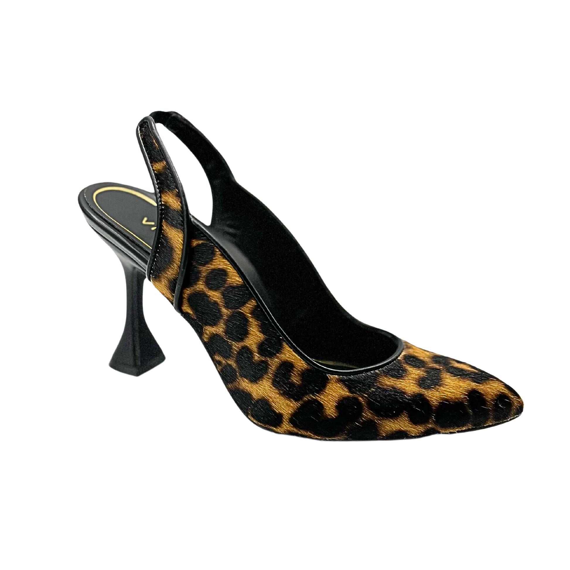Angled front view of a slingback sandal in a leopard print leather.  