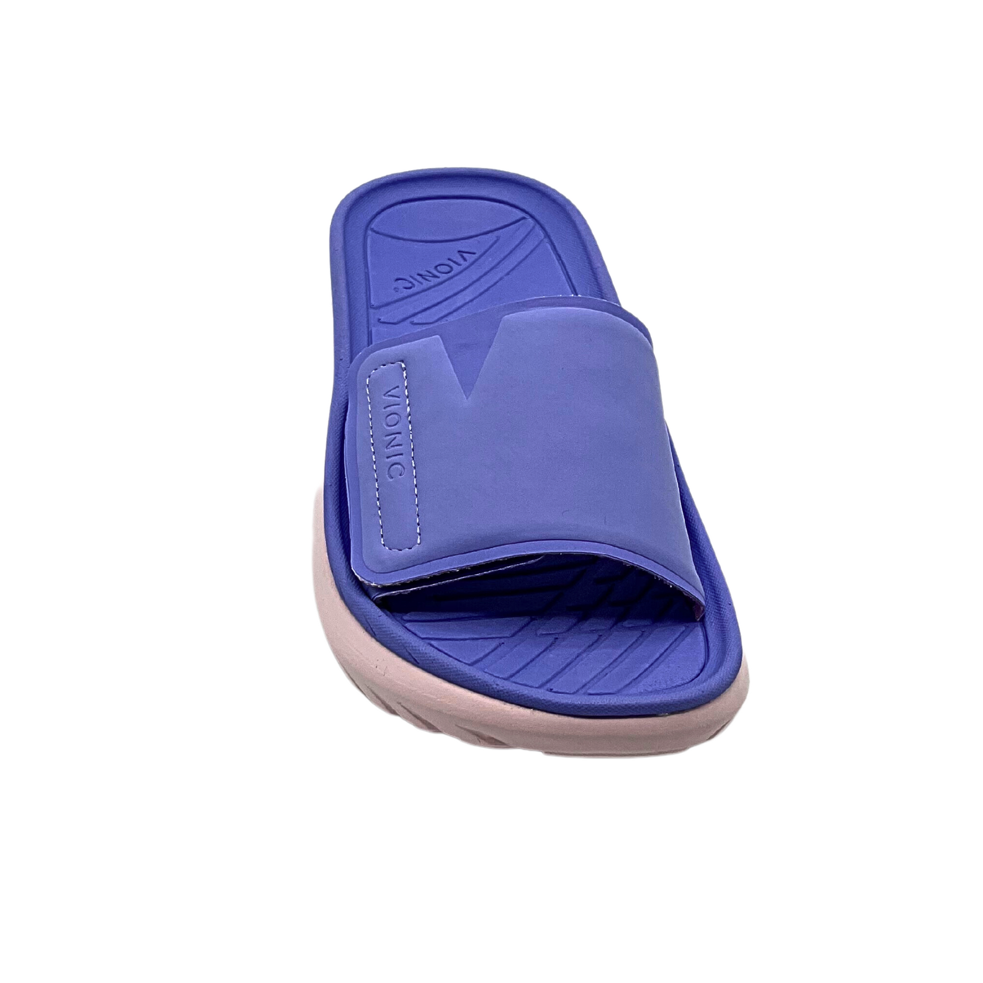 Top down view of a water friendly slide in a fun deep lilac color.  Supportive footbed
