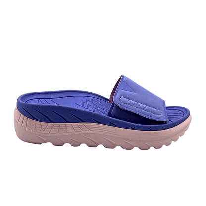 Outside view of casual slide with a built up sole.  Great arch support