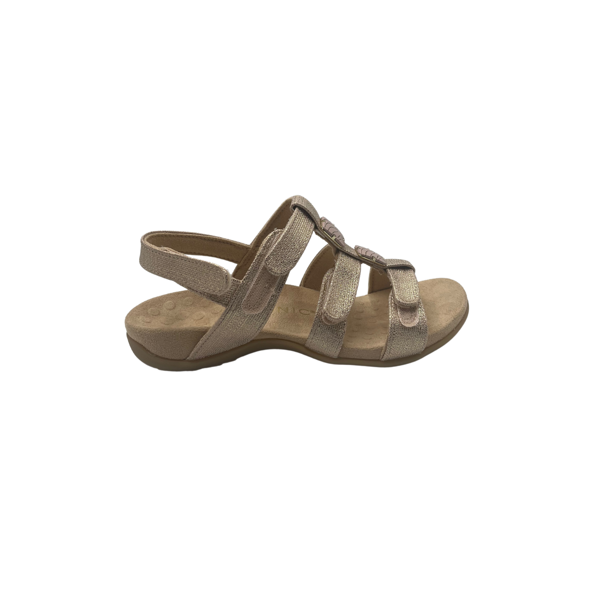 Outside view of sandal in a rose gold.  Multiple, adjustable straps across foot for best fit.  