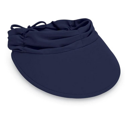 A photo of the navy aqua visor. Showing the brim and the adjustable features.