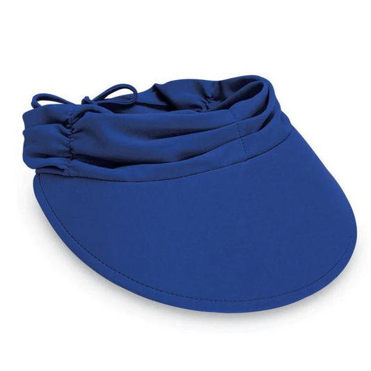 A photo of the royal blue aqua visor. Showing the brim and the adjustable features.