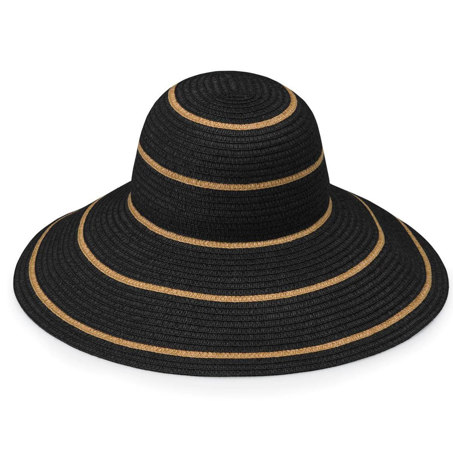 Front view of the hat, showing the stripes and the 5 inch brim.
