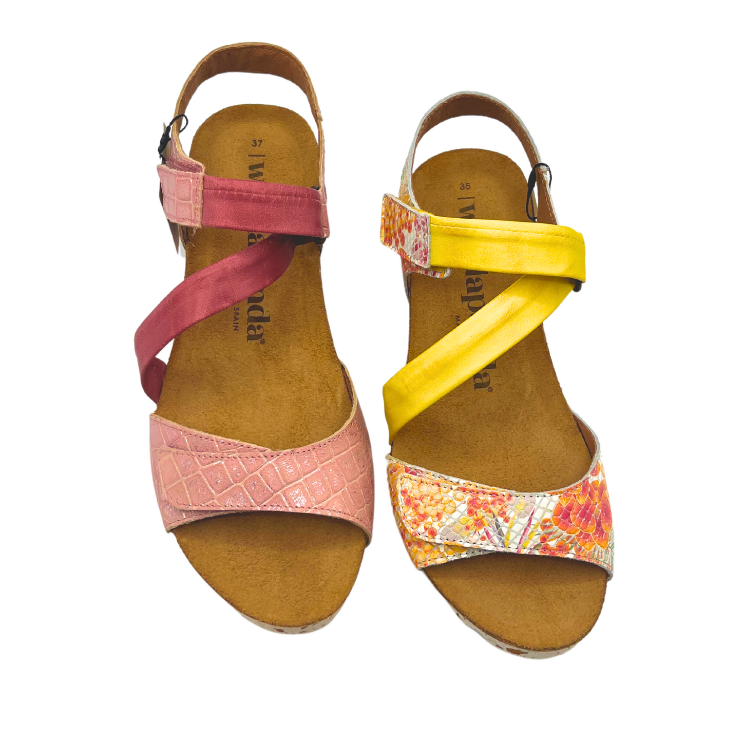 Top down view of a sandal shown in both pink and yellow colorway