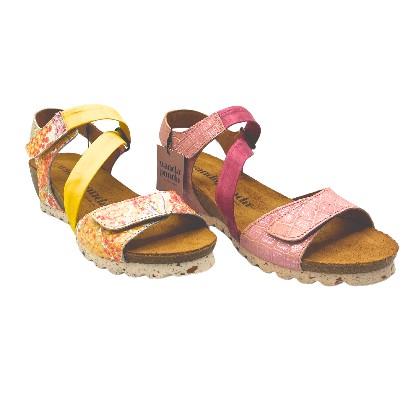 Angled front view of a colorful sandal shown in both a yellow and pink colorway