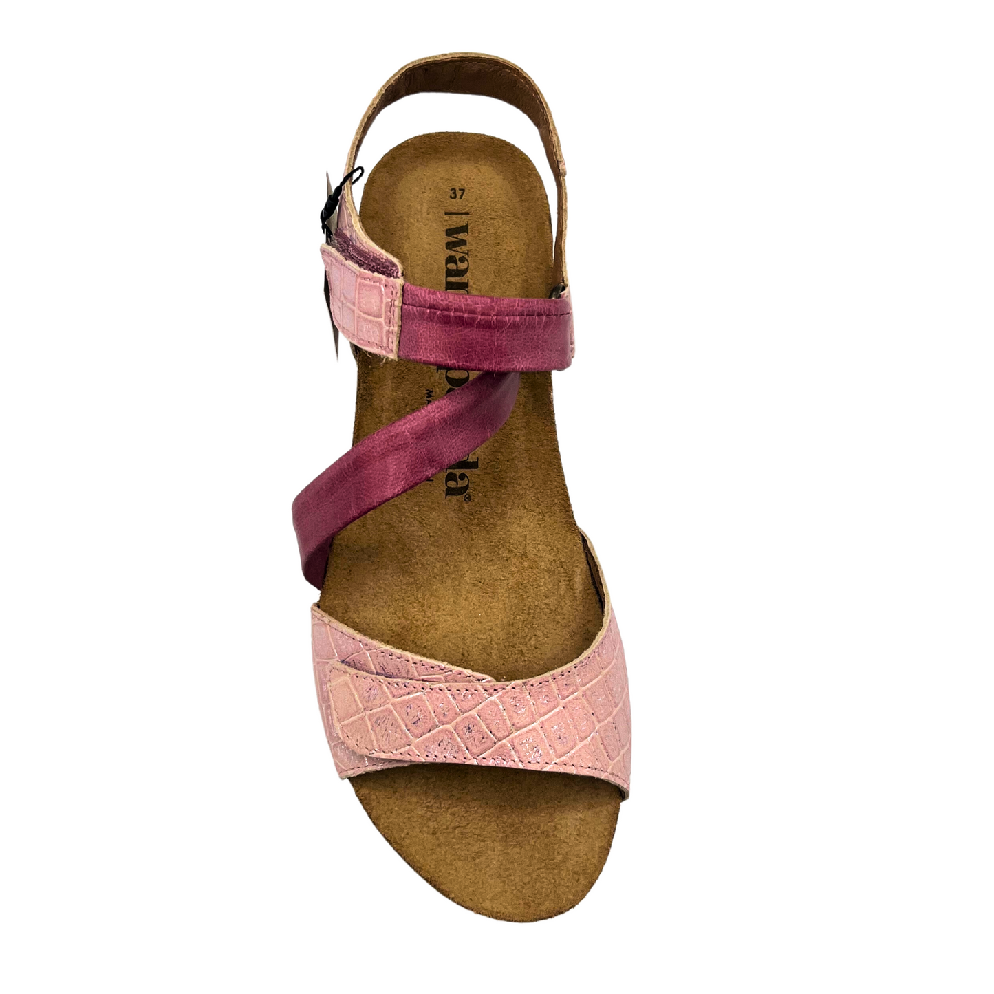 Top down view of a light pink sandal with a croco leather.  Cross strap is a smooth leather in a darker shade of pink.  Open toe and open heel.  Back strap with adjustable tab