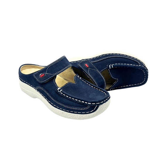 Wolky Roll Slipper in a beautiful dark blue.  Slip on mule style loafer with closed toe.