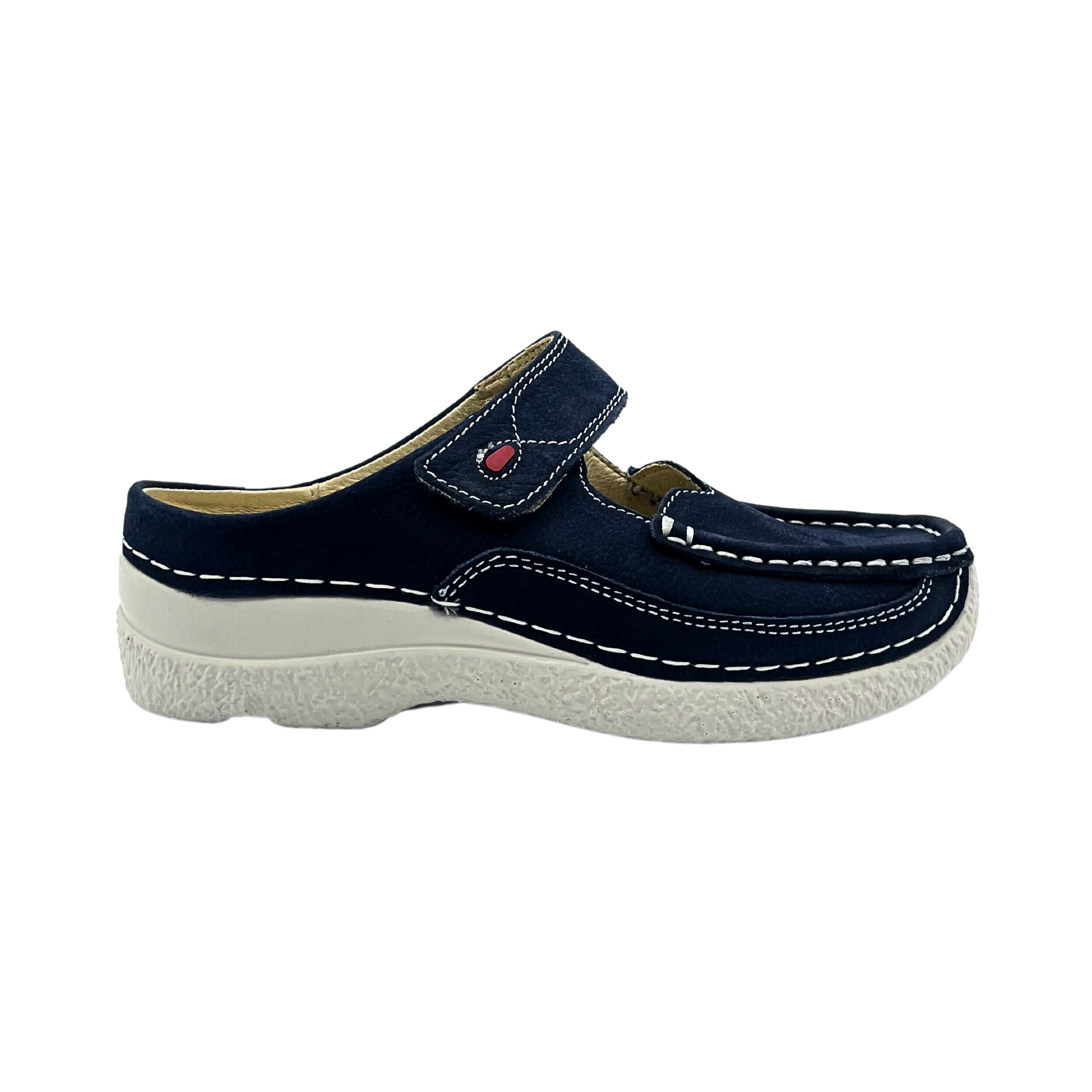 Outer view of Wolky roll slipper in blue.  Strap across the tope is adjustable with velcro tab.  Closed toe and open heel