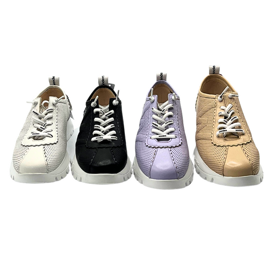 Front shot of the Wonders Alba sneaker.  Shown in white, black, lilac, and taupe