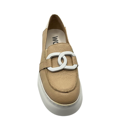 Top down view of a stylish slip on loafer in a neutral taupe shade.  Features a white double chain detail over the forefoot
