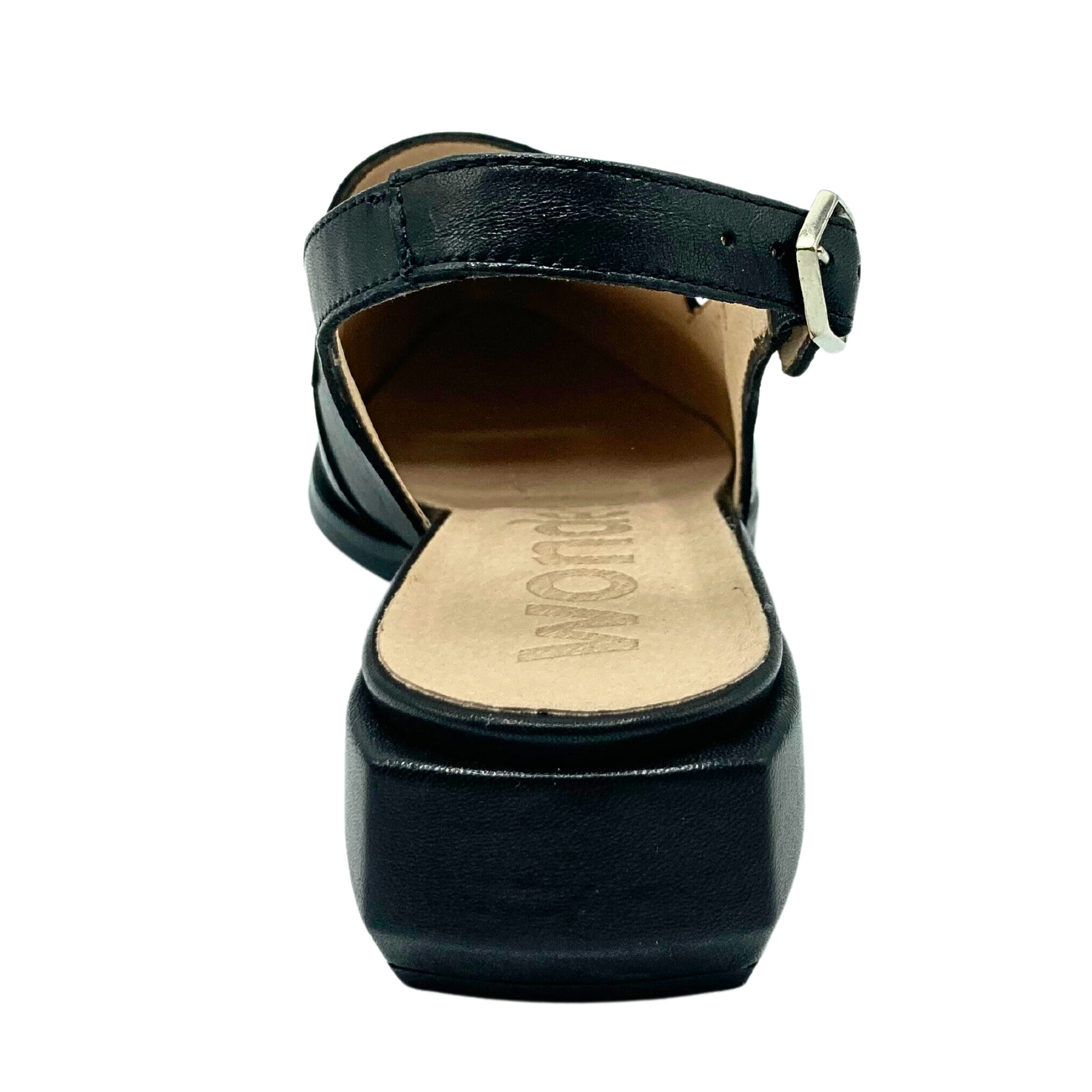 Rear view of the Wonders Malaga slingback loafer in black leather.  Low, square heel 