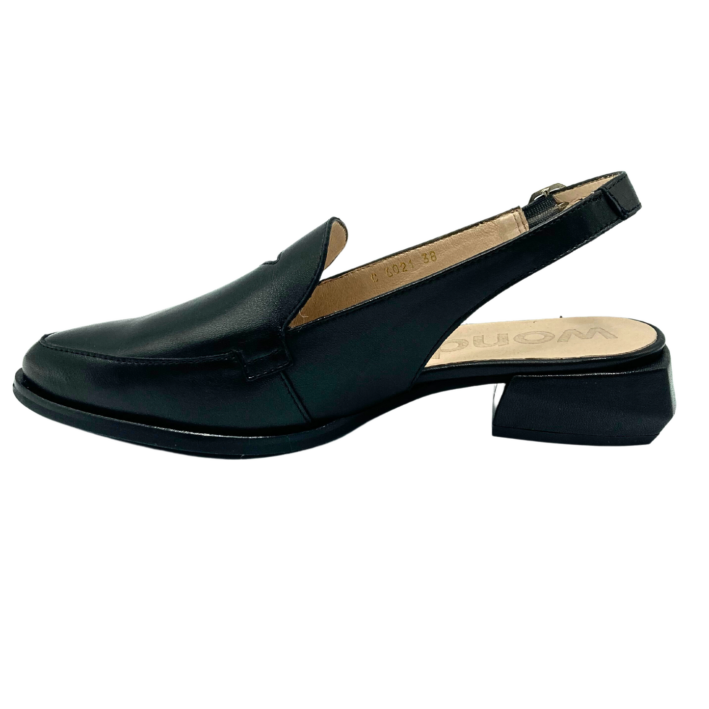Inside view of slingback loafer in black leather with low, square heel.