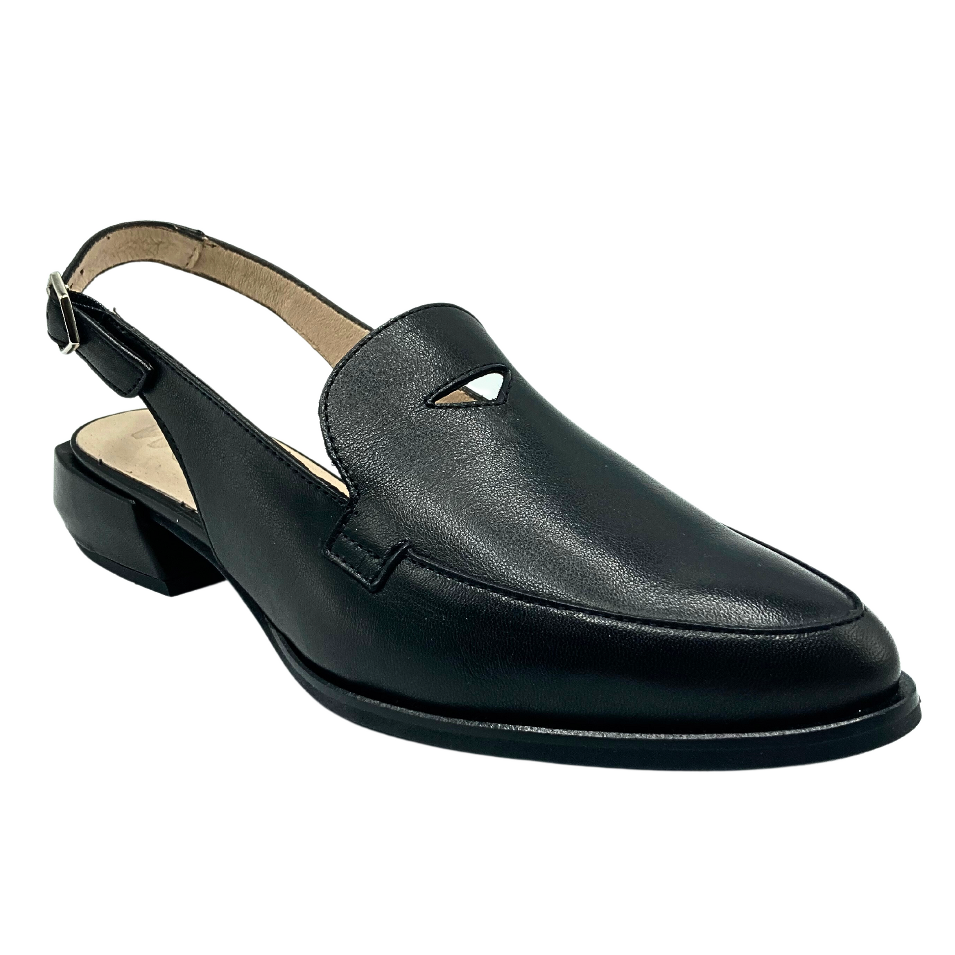 Angled side view of a slingback loafer in black leather.