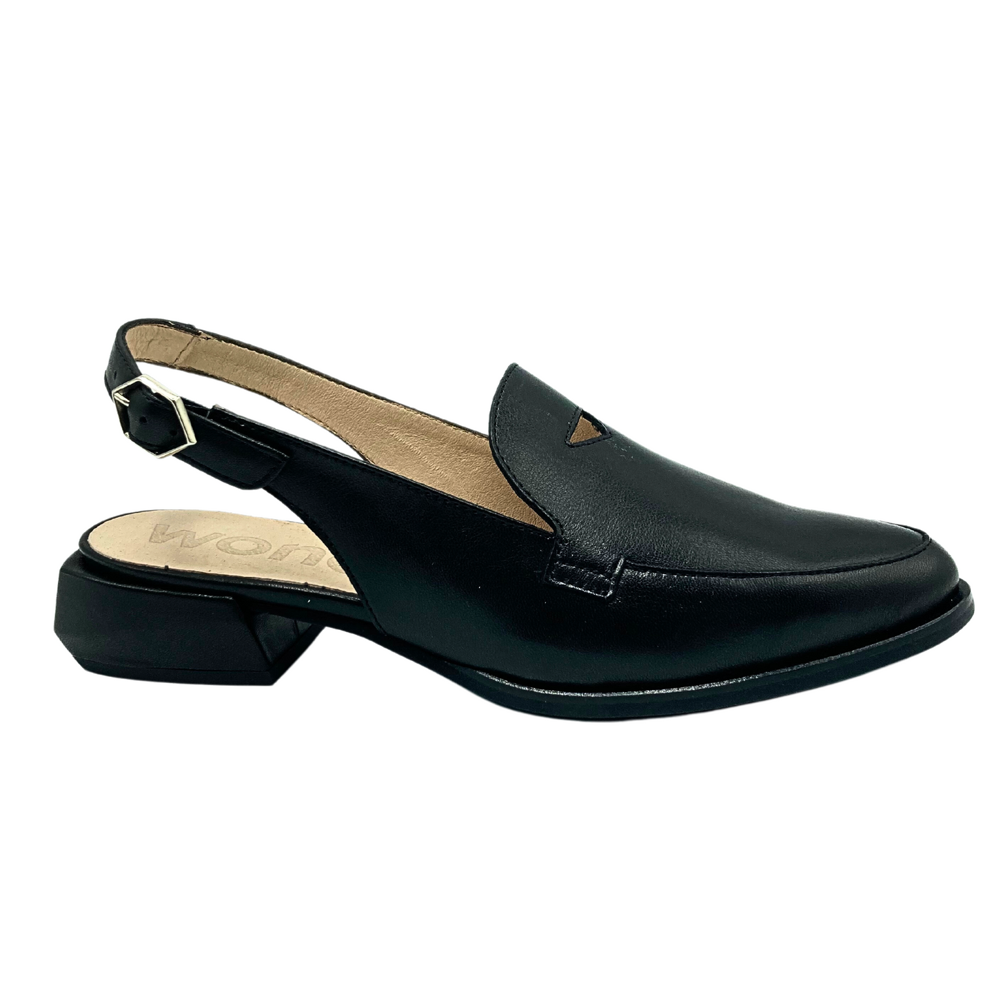 Outside view of a classic slingback loafer.  Closed toe in front and open heel with adjustable strap