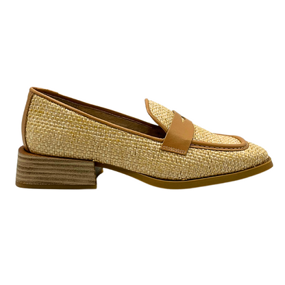 Outside view of the Wonders Najwas slip on loafer.  Leather upper is textured to look like raffia.  