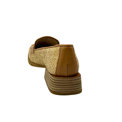 Rear view of Wonders Najwas slip on loafer.  Square wood stacked heel