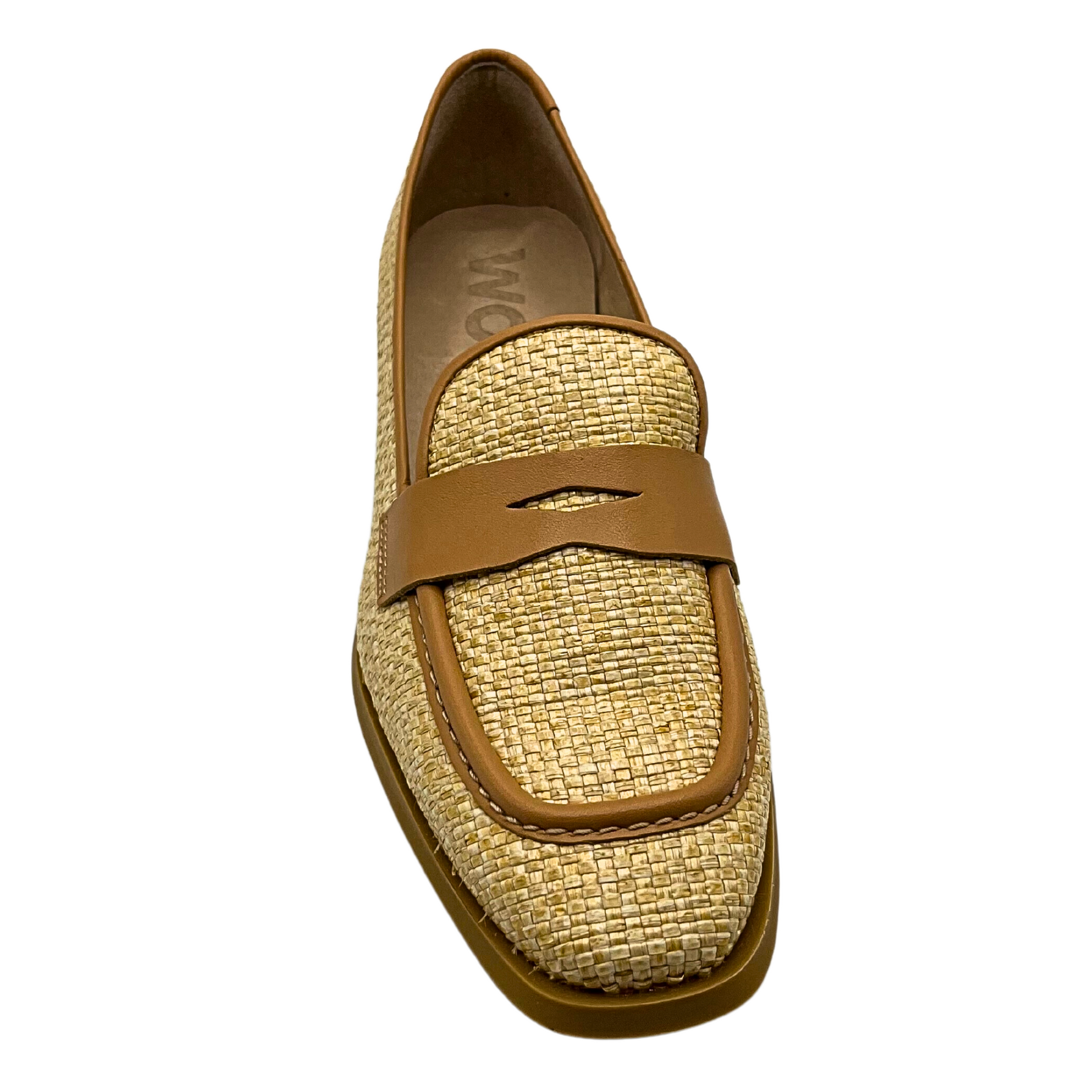 Top down view of a slip on loafer.  Unique upper is leather patterned to look like natural raffia.  Trim details are in a smooth, brown leatherare
