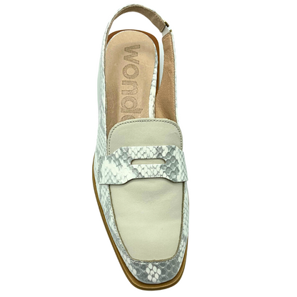 Top down view of a slingback loafer.  Soft angled toe.  Heel strap has elastic panel for easy on/off