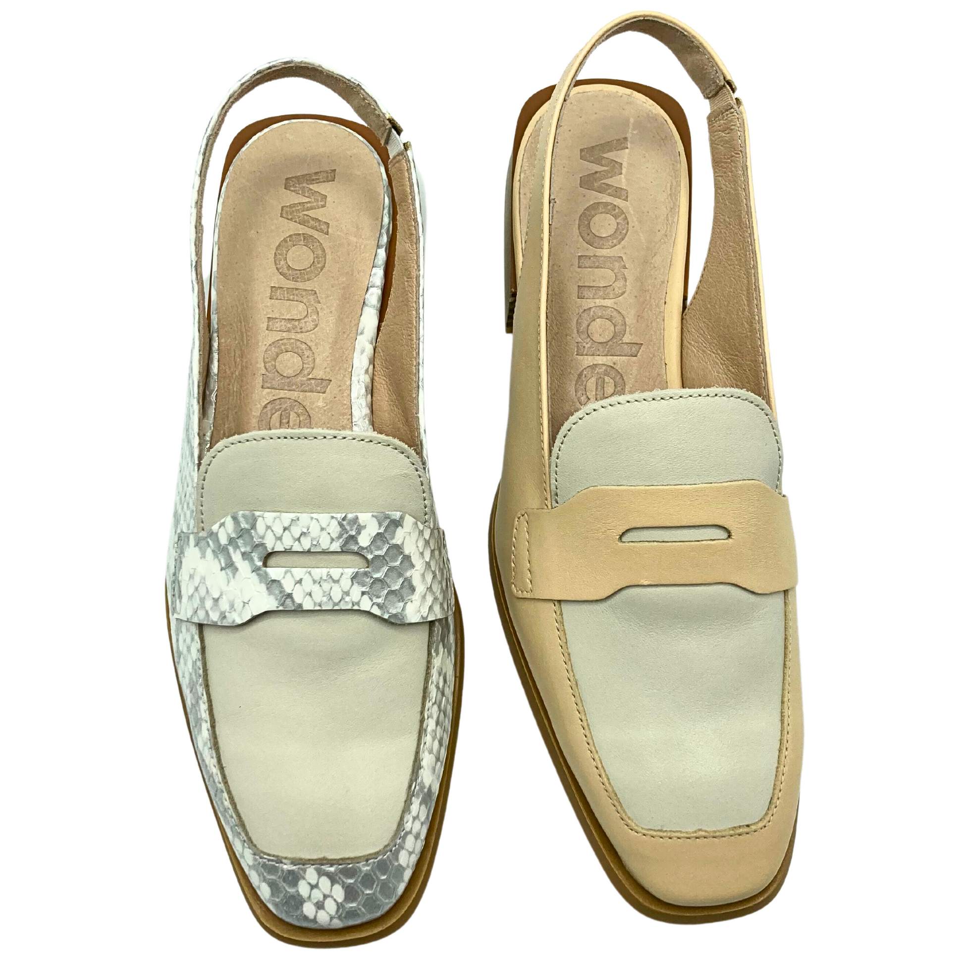 Top down view of a slip on slingback loafer in 2 colorways.  Cream/taupe and taupe/grey snake