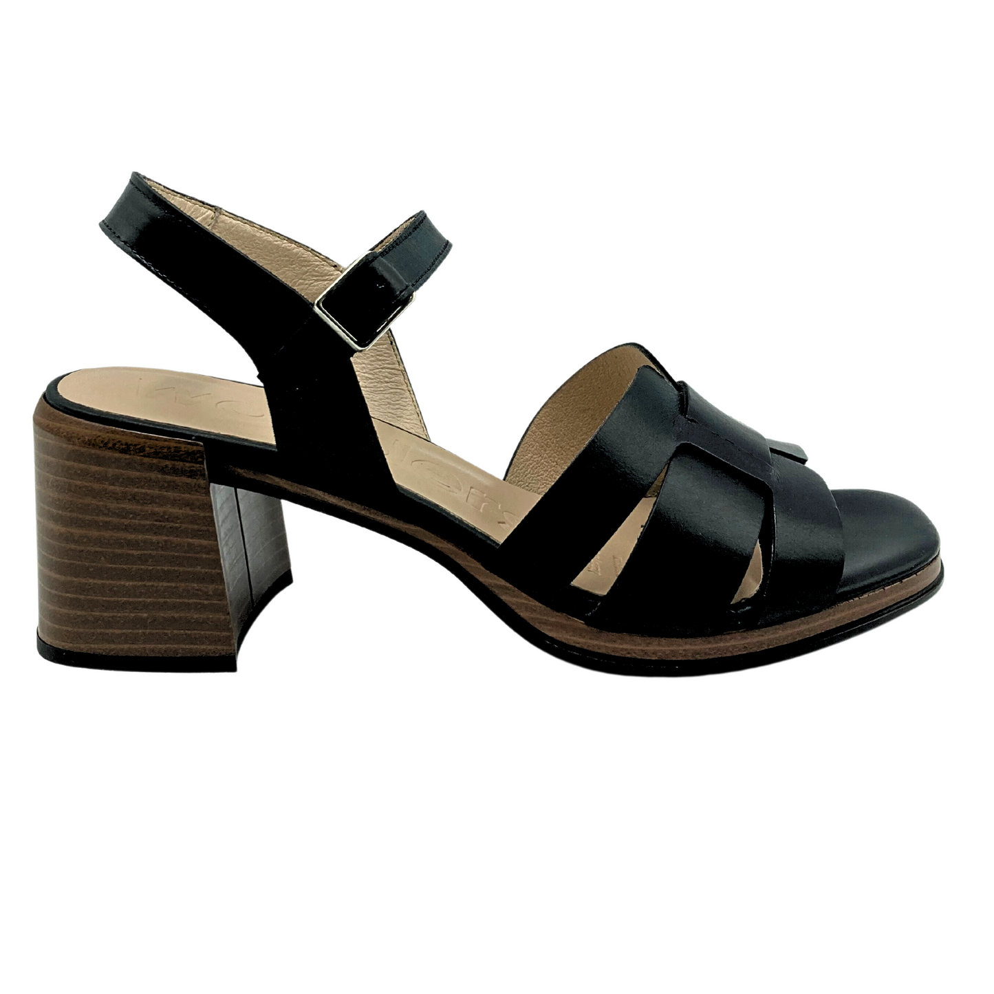 Outside view of black leatehr sandal.  Square, stacked wood heel