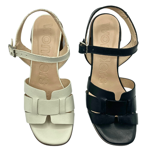 Top down view of the Wonders Ricco sandal in both black and cream leather