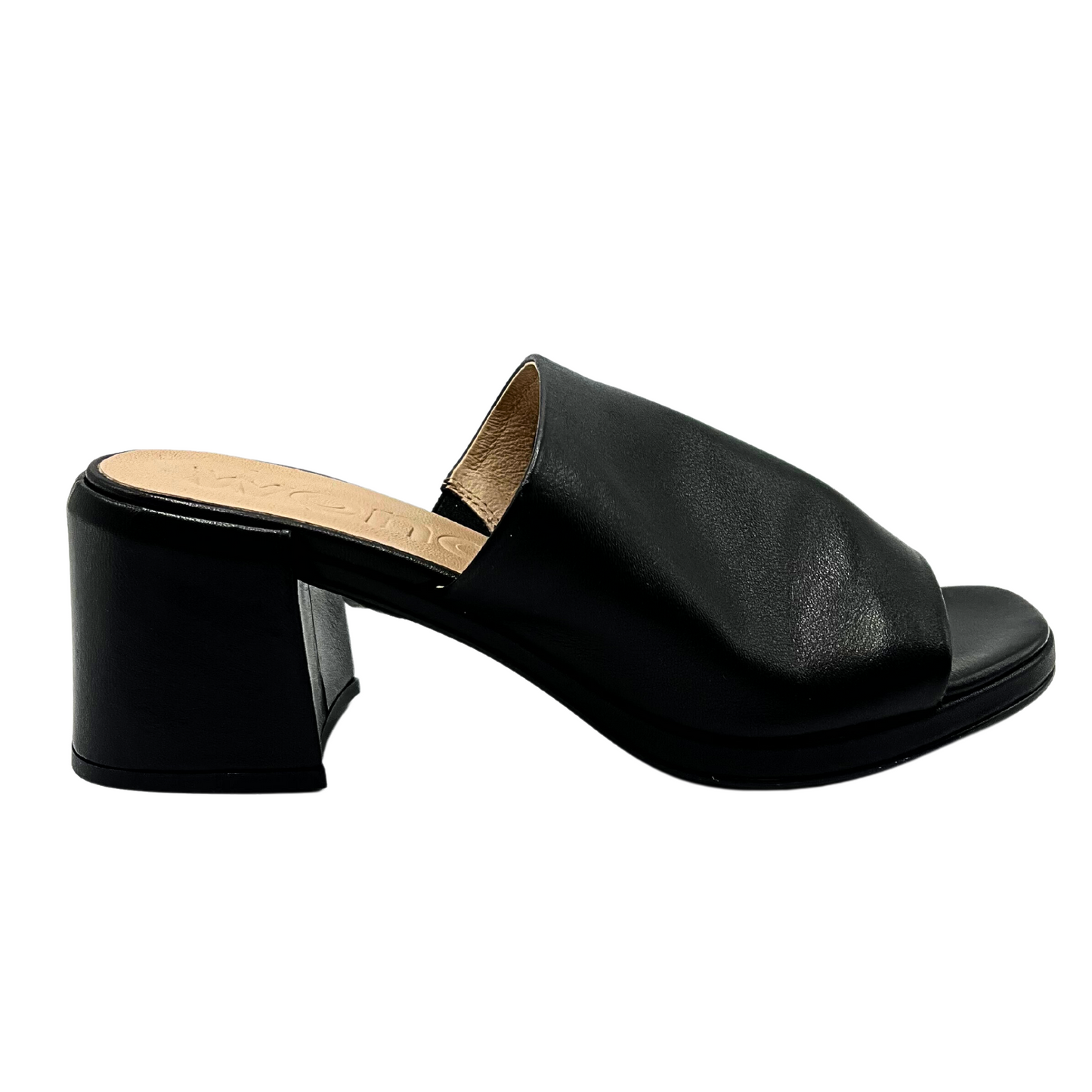 Outside view of black leather mule.  Square block heel wrapped in same leather.