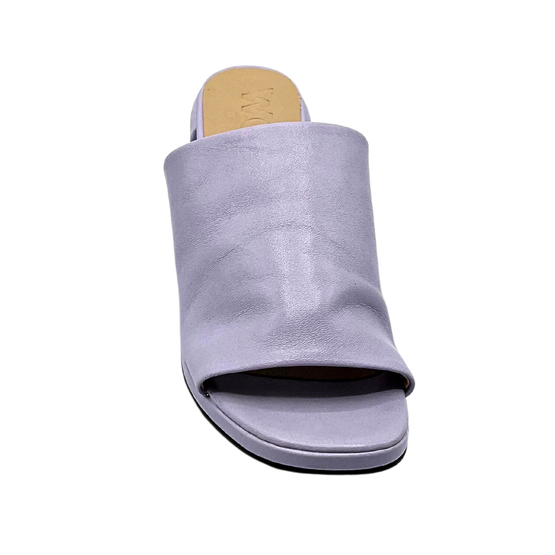 Front view of leather mule in a lavender color