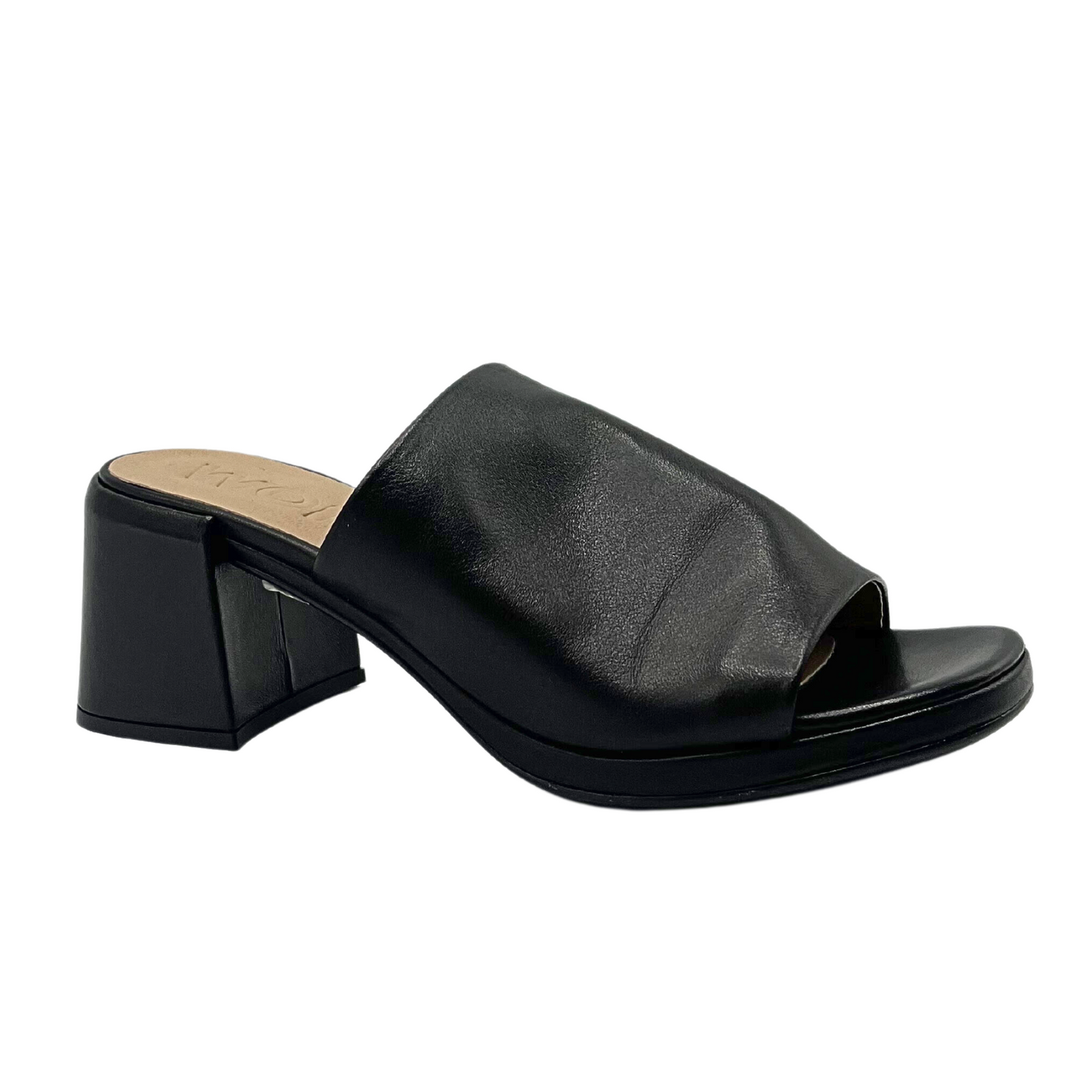 Outside view of black leather mule.