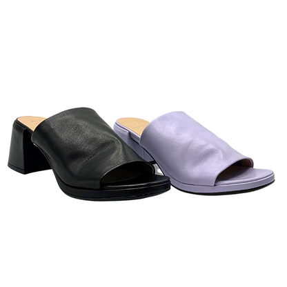 Side x side view of the Wonders Sabadell sandal in black and lavender leather