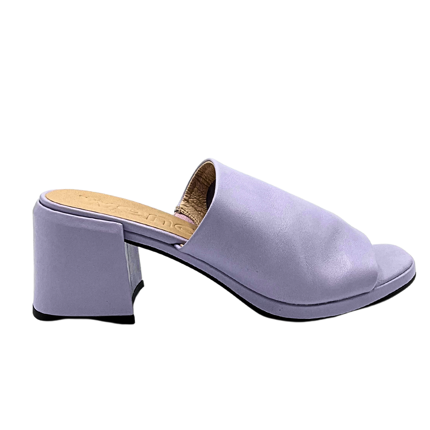 Inside view of lavender leather mule.  Open toe
