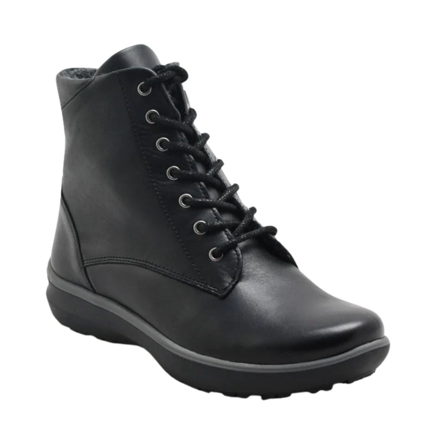 A black lace-up ankle height leather boot is pictured from an angle.