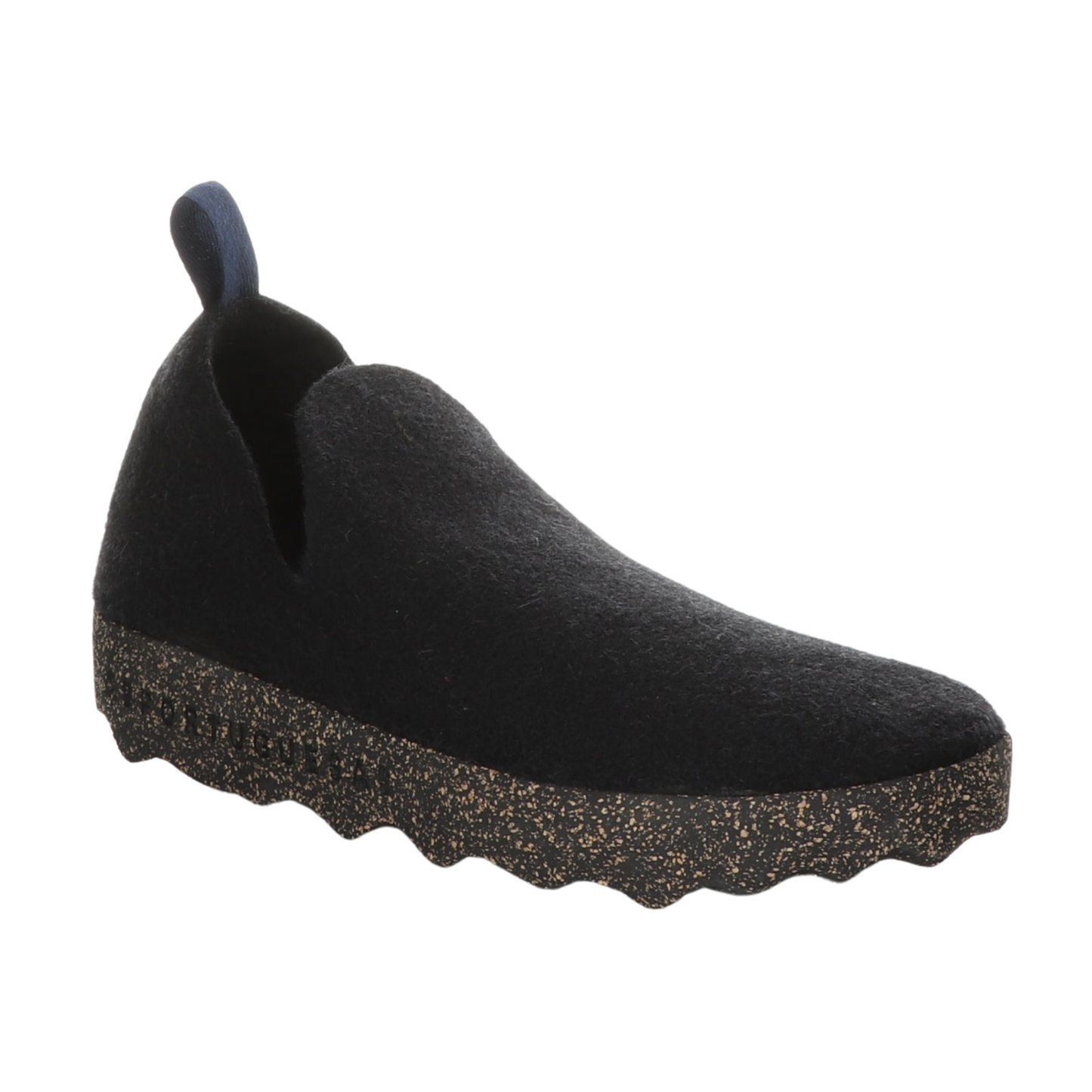  A black wool sneaker with oblong cutouts, navy heel tab, and black speckled cork soul is pictured from a slight angle.
