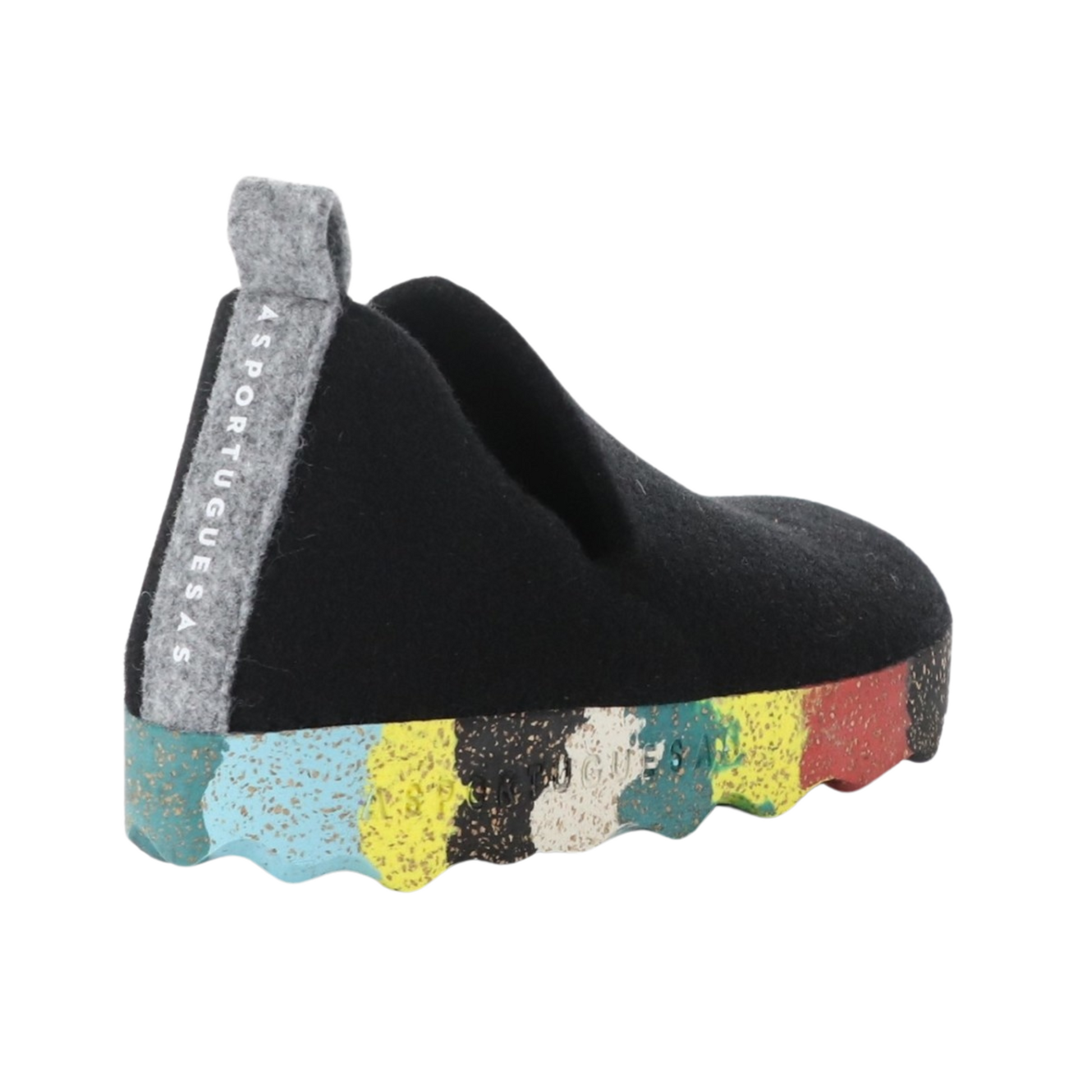 Black wool sneaker with oblong cutouts, grey heel tab, and multicoloured cork soul pictured showing heel. "asportugeuesas" is written vertically along heel tab and in relief in the sole.