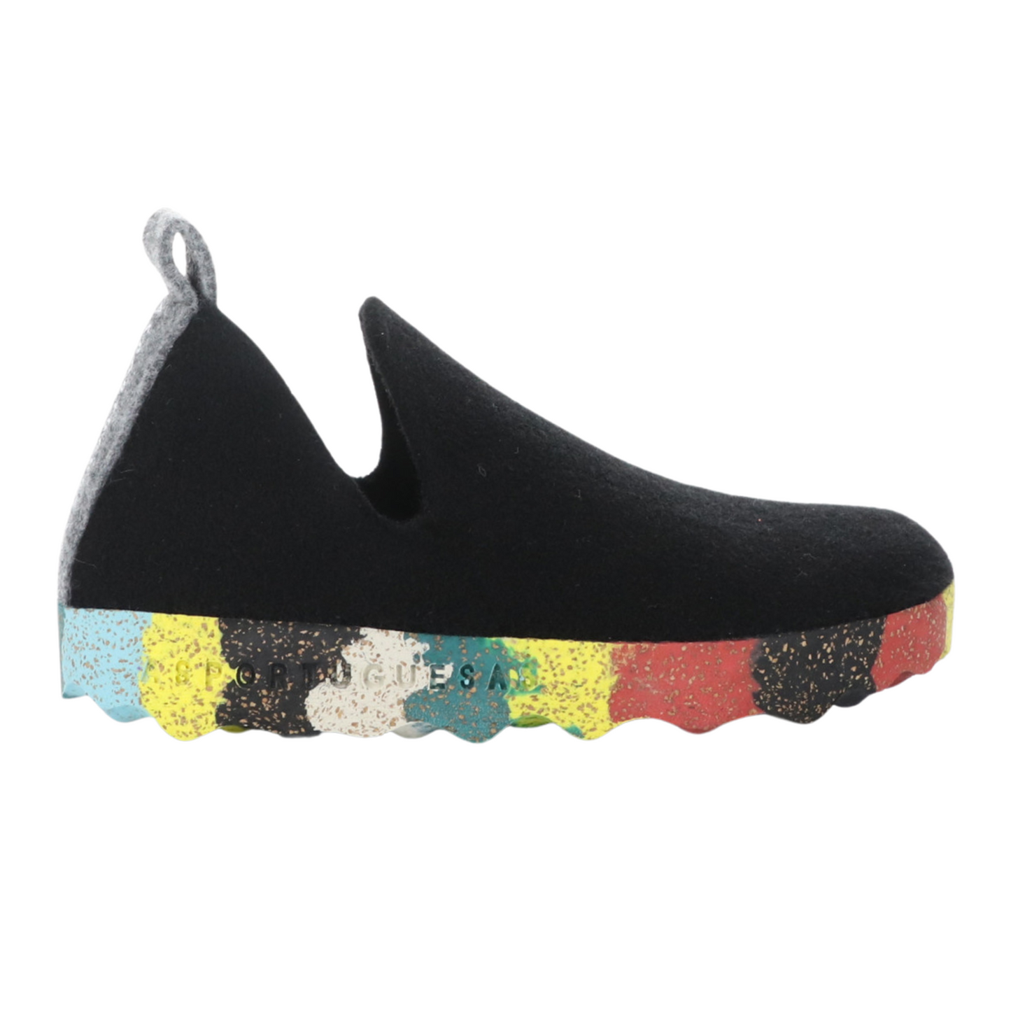 Black wool sneaker with oblong cutouts, grey heel tab, and multicoloured cork soul pictured in profile.