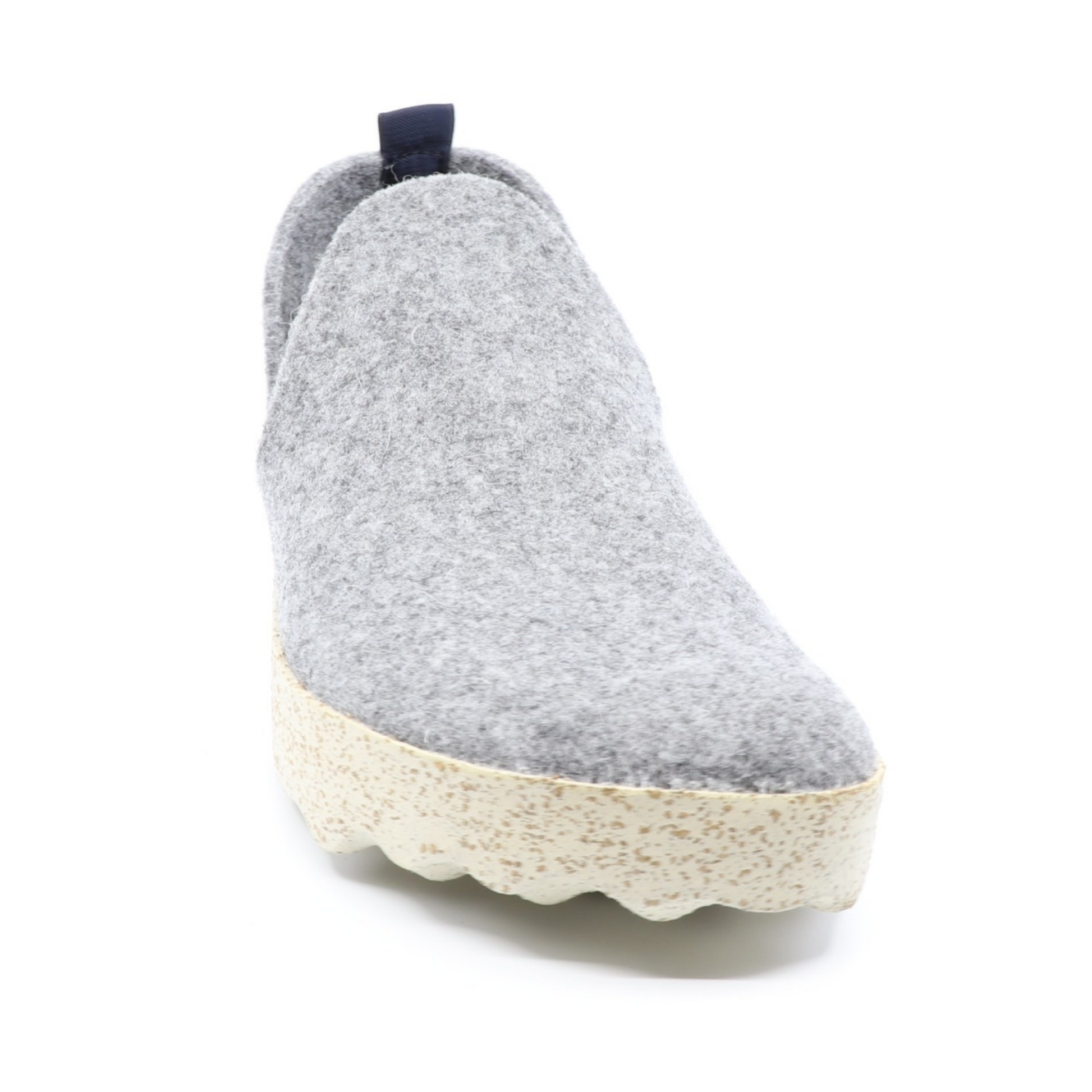 A light grey wool sneaker with navy heel tab and cream cork soul is pictured from the front.