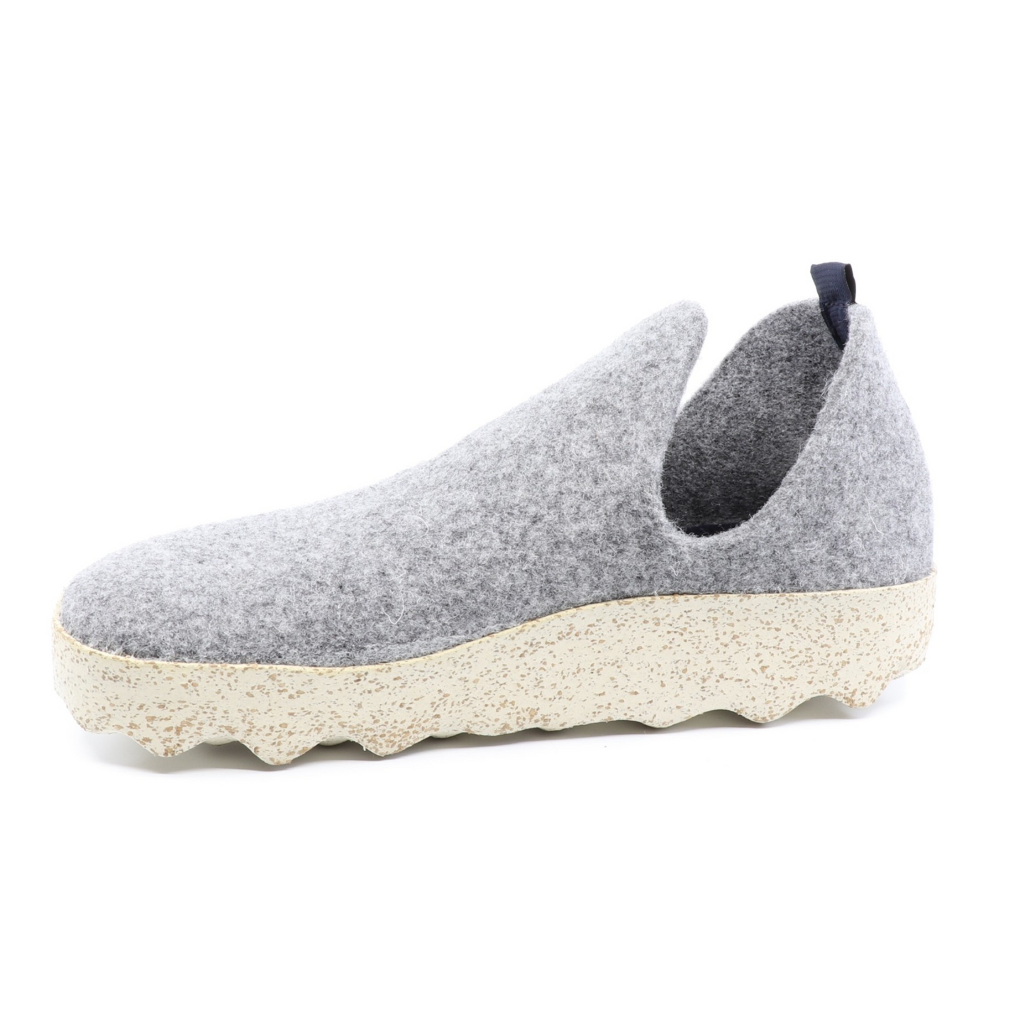 A light grey wool sneaker with oblong cutouts, navy heel tab, and cream cork soul is pictured in profile.