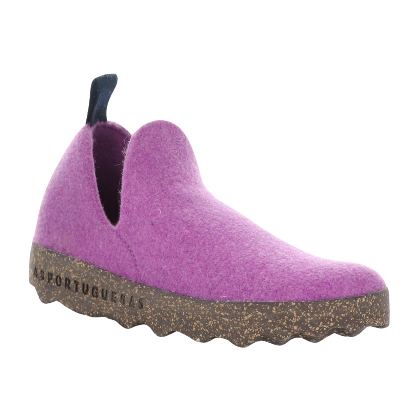 A pink wool sneaker with oblong cutouts, navy heel tab, and toffee cork soul is pictured in at a slight angle from the front.