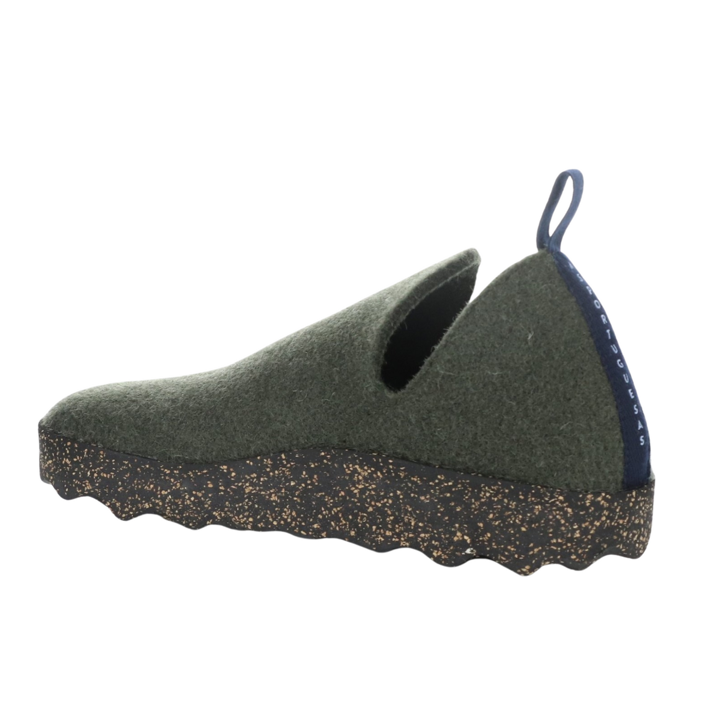 A dark green wool sneaker with oblong cutouts, navy heel tab, and black speckled cork soul is pictured in profile.