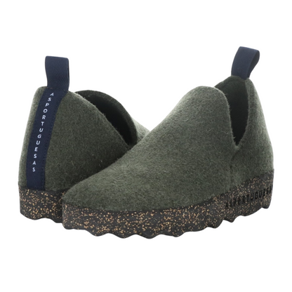  A pair of dark green wool sneaker with oblong cutouts, navy heel tab, and black speckled cork soul is pictured. One from the front angle, the other at the back - showing the brand written along the navy heel tab.