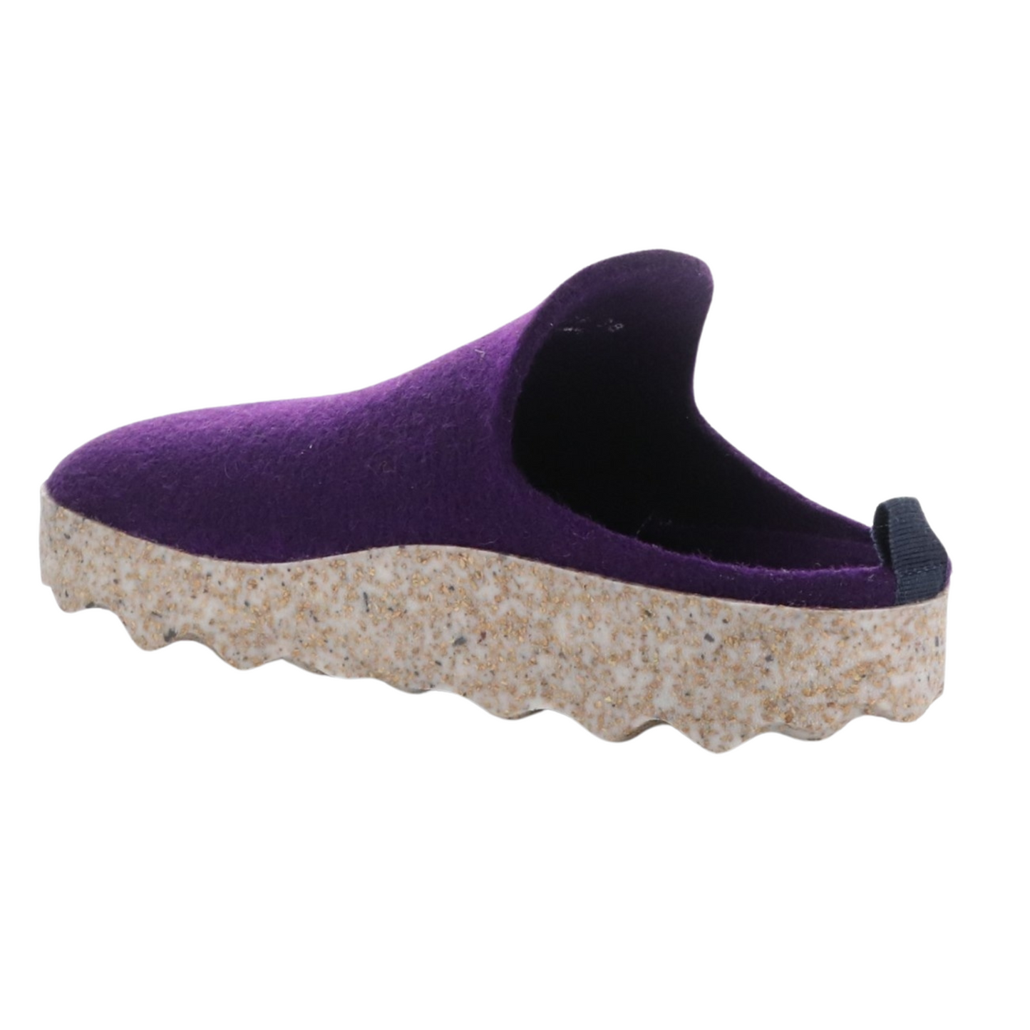 A purple felted shoe is pictured from a back angle showing a small heel tab on the backless heel. A thick waffle textured tread is made of a mix of white and honey coloured speckled material.