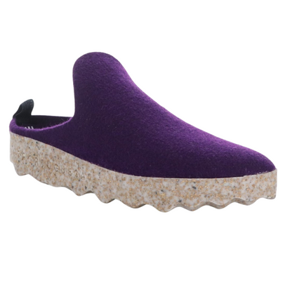A purple felted shoe with open back and thick waffled sole with speckled cork pictured from the front at an angle.